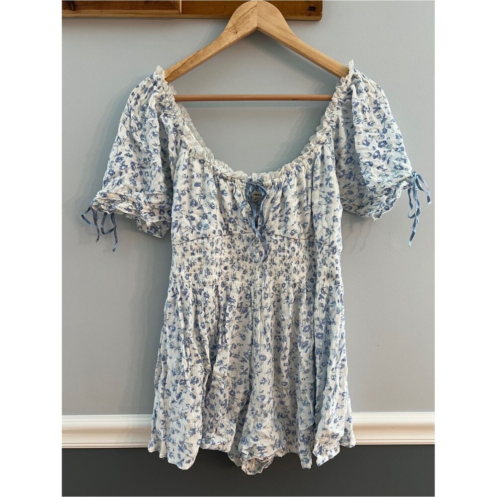 Urban Outfitters Blue Floral Smocked Puff Sleeve Off Shoulder Romper Small